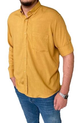 Erkek Hardal Rengi Pamuklu Keten Apoletli Katlamalı Kol Regular Yazlık Gömlek SAFKTN