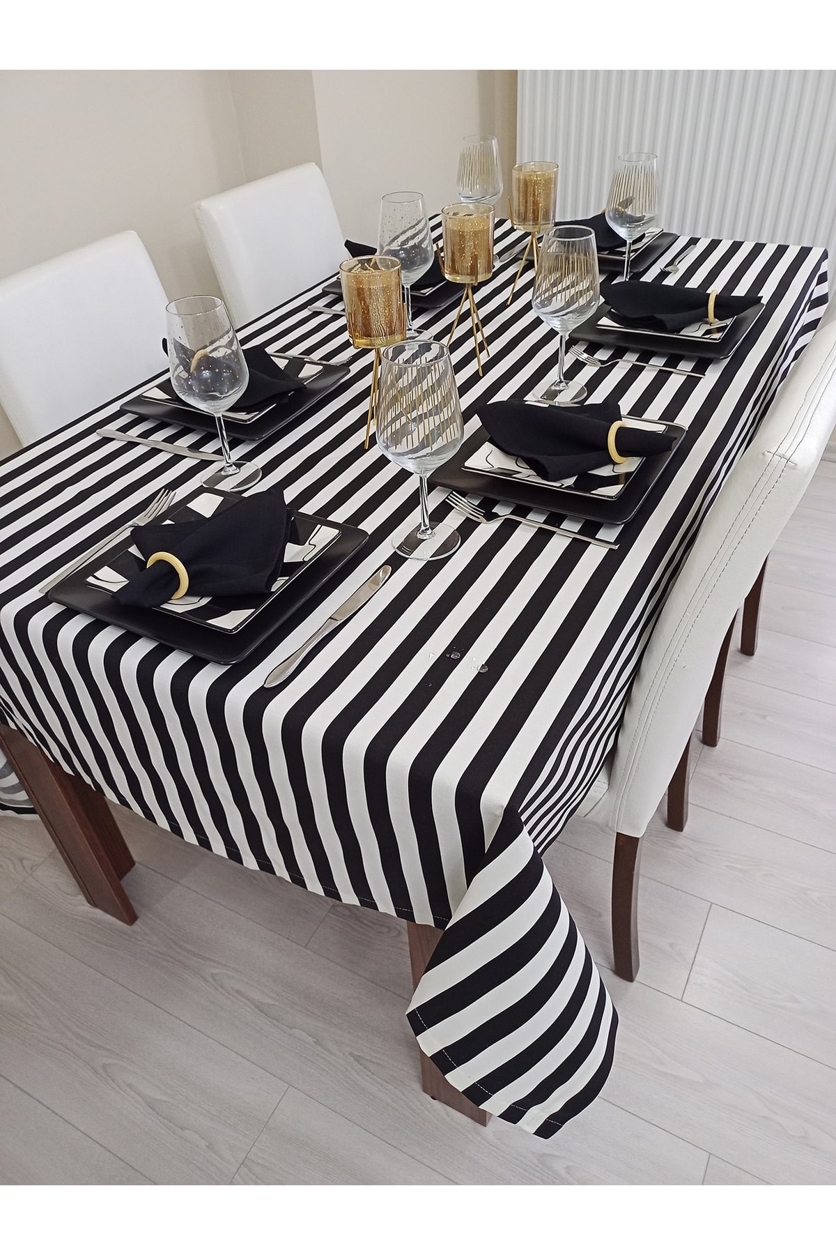 Liquid-Proof Carefree Tablecloth with Black and White Stripes