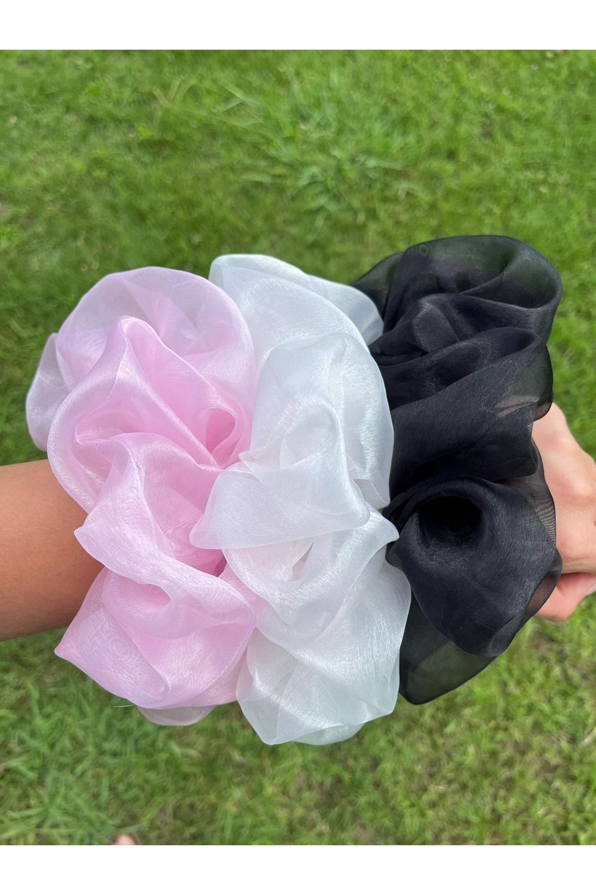 RED FOX KB-1.Quality Black Organza Large Size Scrunchie Fabric Bagel Buckle 4