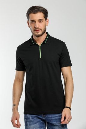 Electra Siyah Polo Yaka Fermuarlı Regular Düz Tshirt TS2107x01