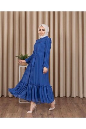 Kadın Saks Mavi Piliseli Şifon Tesettür Elbise 4670