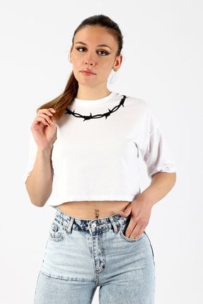 Diken Tel Beyaz Kemer Boy Kadın Oversize Tshirt BM8160043