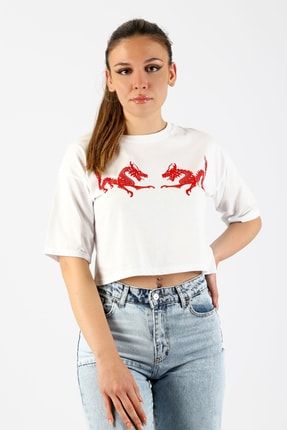 Kırmızı Ejderha Beyaz Kemer Boy Kadın Oversize Tshirt BM8160044