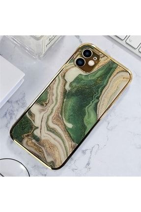 Iphone 11 Uyumlu Marble Parlak Mermer Desenli Cam Kare Telefon Kılıfı Yeşil marble11sim
