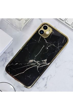 Iphone 11 Uyumlu Marble Parlak Mermer Desenli Cam Kare Telefon Kılıfı Siyah Beyaz marble11sim