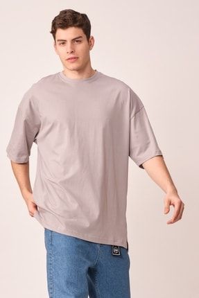 Gri Unisex Oversize Yırtmaçlı Basic Düz Tshirt 8737