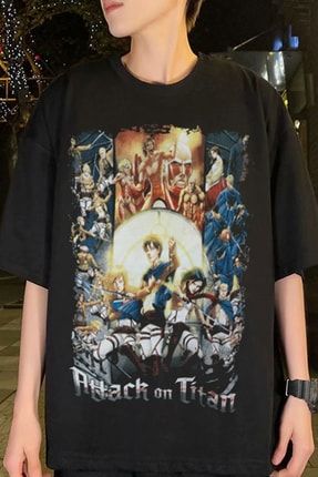 Siyah Renk Attack On Titan Büyük Baskılı Oversize Unisex Anime T-shirt FRK04AOTALL