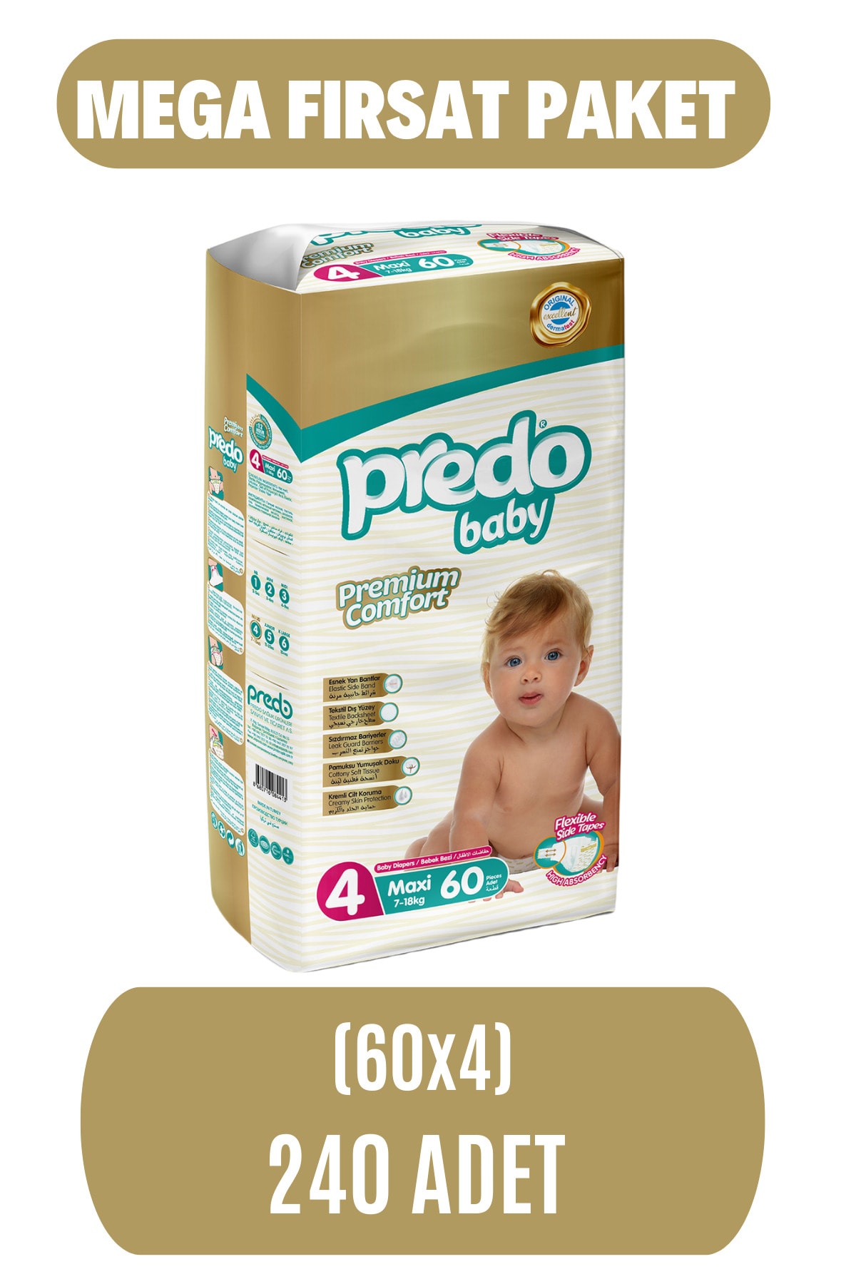PredoBaby Premium Comfort Bebek Bezi 4 Numara (7-18kg) Maxi 240 Adet