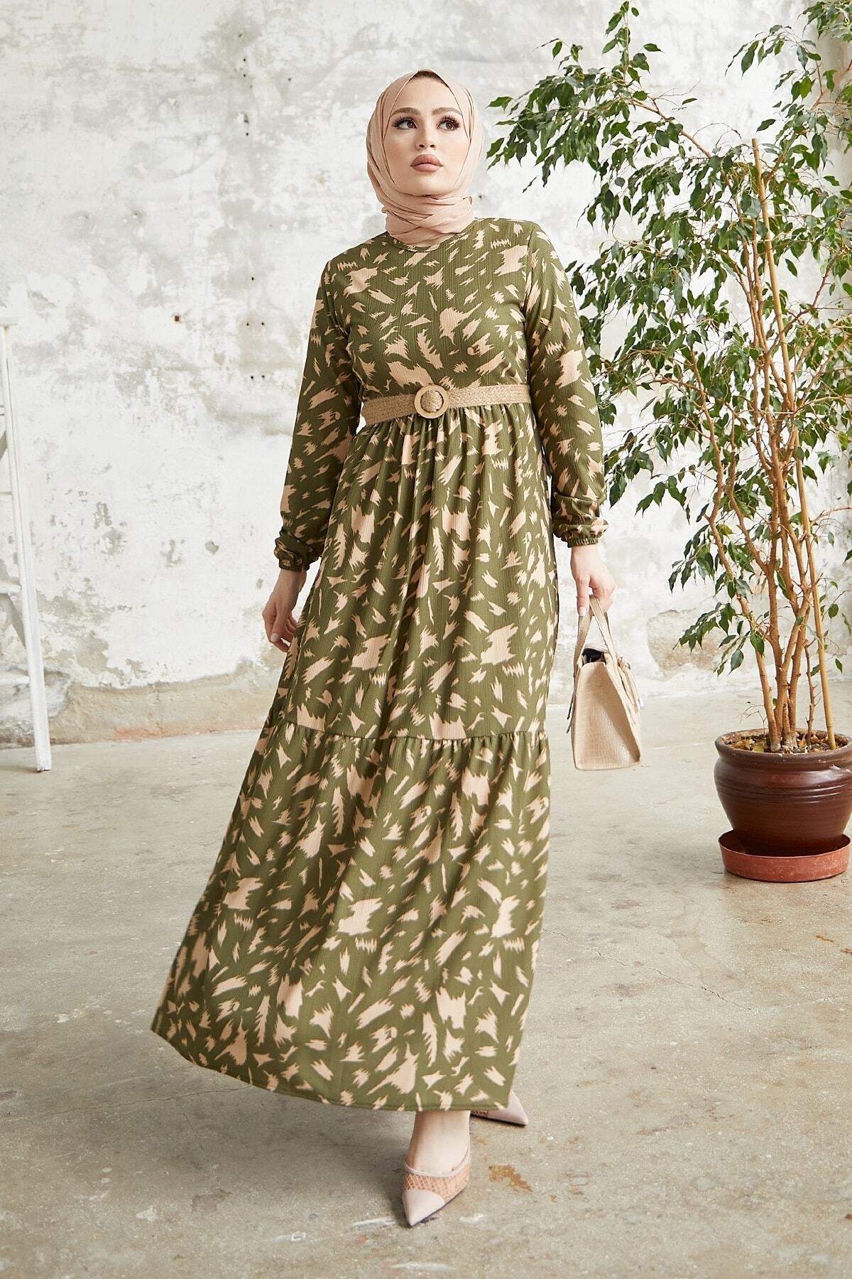 InStyle-Rena Straw Belt Patterned Dress - Khaki 4