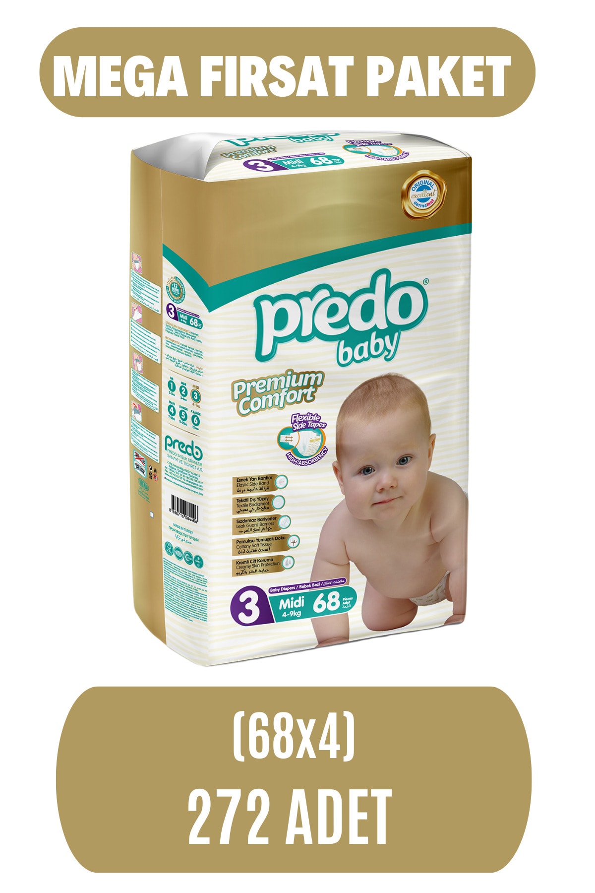 PredoBaby Premium Comfort Bebek Bezi 3 Numara (4-9kg) Midi 272 Adet
