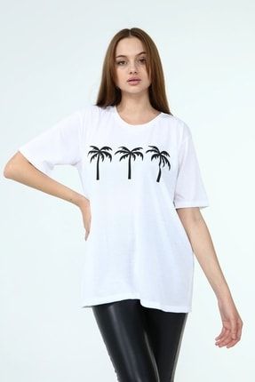 Kadın Beyaz Palmiye Oversize Baskılı T-shirt S2118