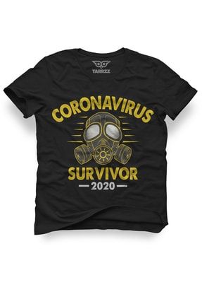 Unisex Siyah Corona Virus Survivor 2020 Baskılı Pamuklu Kısa Kollu Bisiklet Yaka Tişört trrzz-00063