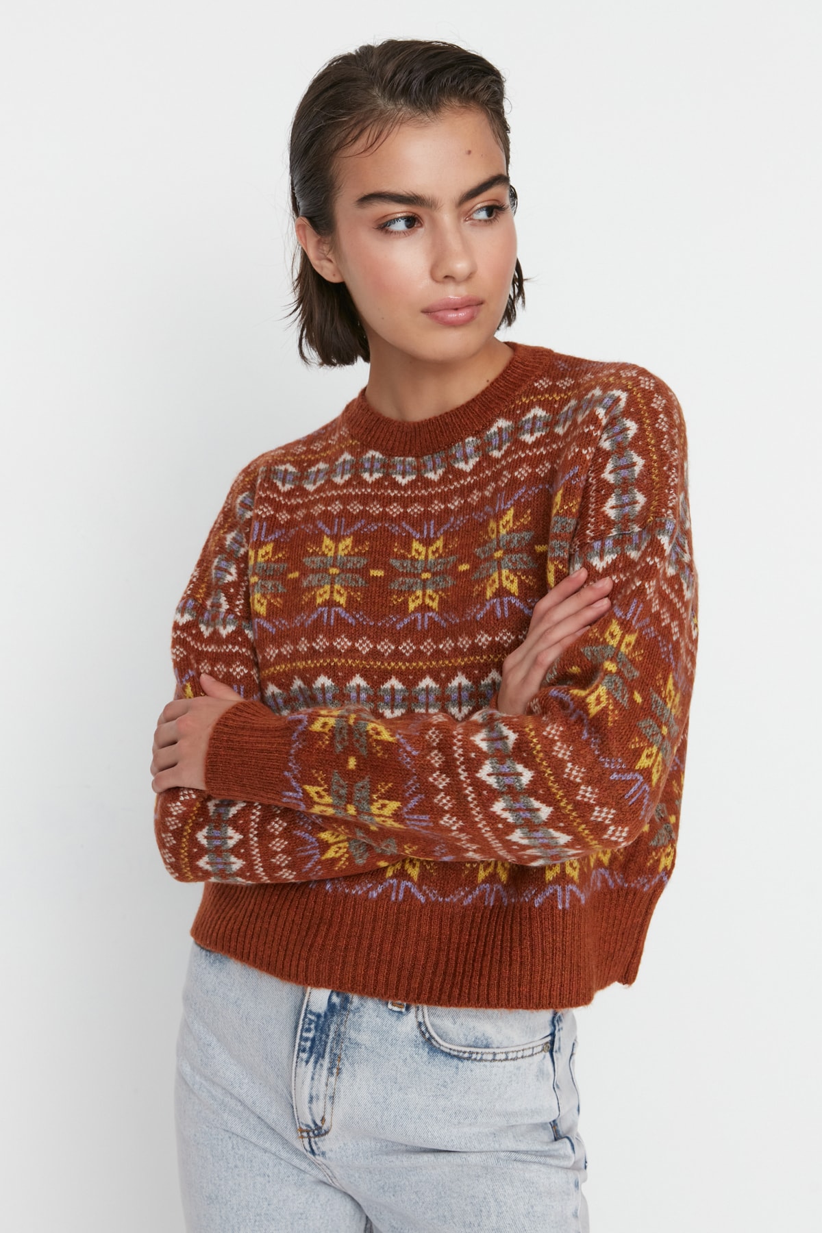 Trendyolmilla  Kahverengi Geniş Kalıp Yumuşak Dokulu Desenli Triko Kazak TWOAW23KZ00211 - Görsel 2