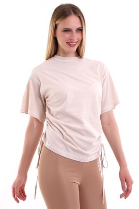 Krem Yanları Büzgülü Basic T-shirt MDL5