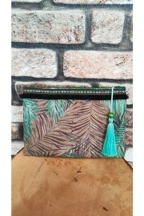 Keten Efektli Yapraklı Püskül Şeritli Clutch Çanta TRNDYLM021