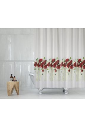 Gelincik Desen Kırmızı Banyo Perdesi-tek Kanat Duş Perdesi, 180x200 Cm C Halkalı Küvet Perdesi