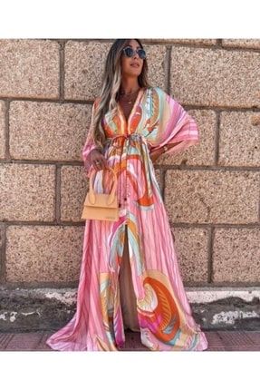 Ithal Jessika Kumaş Desenli Kimono Elbise 2399