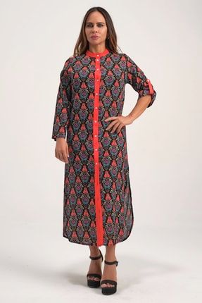 Karanfil Desen Kırmızı Patlı Siyah Vual Gömlek Elbise 6001