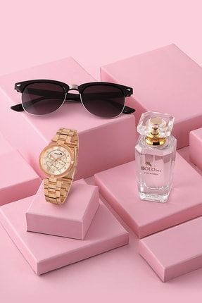 Premium Set Kadın Kol Saati Gözlük Parfüm Set Kombin Bakır Renk st-2065s