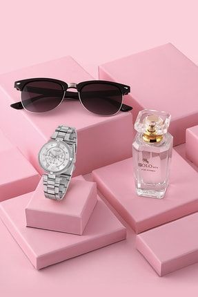 Premium Set Kadın Kol Saati Gözlük Parfüm Set Kombin Gümüş Renk st-2065s