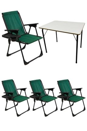 4 Adet Kamp Sandalyesi Katlanır Piknik Sandalye Dikdörtgen Bardaklıklı Yeşil Katlanır Mdf Masa YMKS004DM