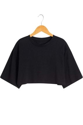 Kadın Siyah Basic Oversize Crop T-shirt AYM244726525
