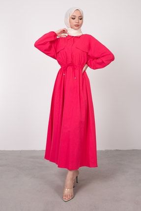 Beli Büzgülü Cep Detaylı Tesettür Elbise Neon Pembe 3016-E