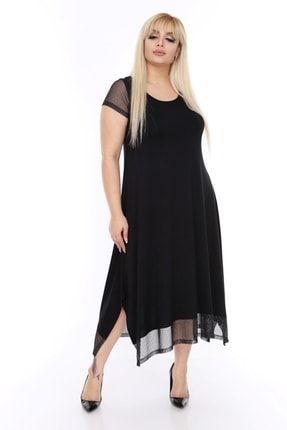 Kadın Siyah Viskon Dantel Detaylı Battal Büyük Beden Elbise EYM878787