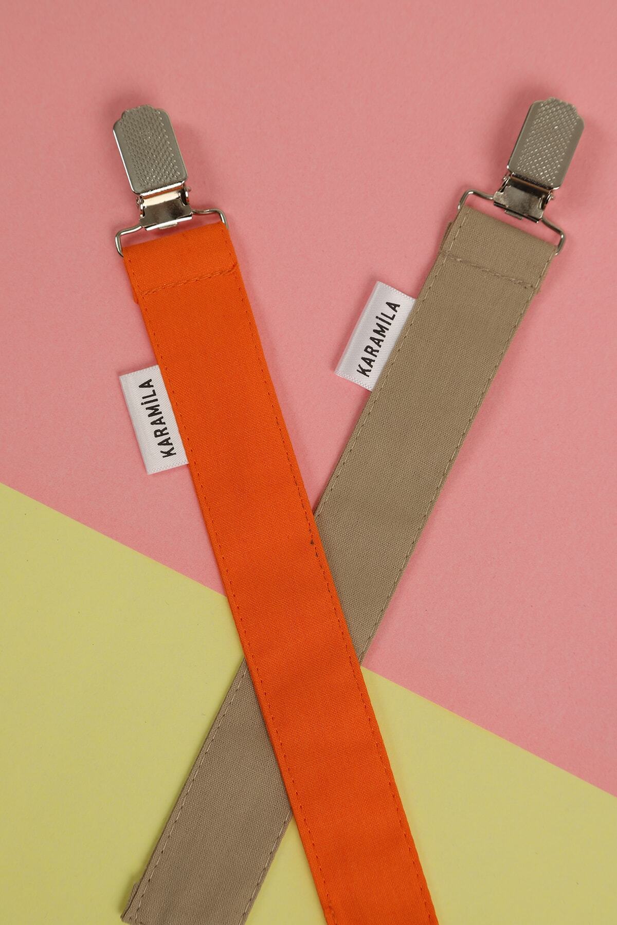 KARAMİLA %100 Pamuk 2'li Turuncu Bej Renk Kumaş Bebek Emzik Askısı - Emzik Zinciri - Emzik Tutacağı fotoğrafı 4 (önizleme)