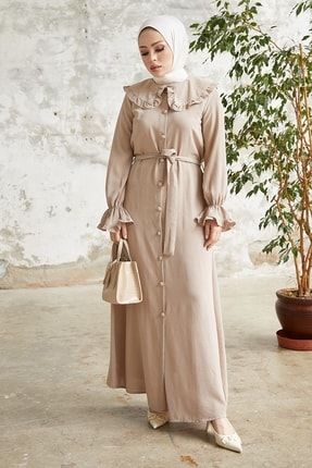 Alisa Kolu Fırfır Bebe Yaka Ayrobin Elbise - Bej MS00OR88299