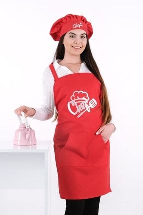 Unisex Kanguru Master Chef Önlük Şapkalı Kırmızı GLCCHFKNGR