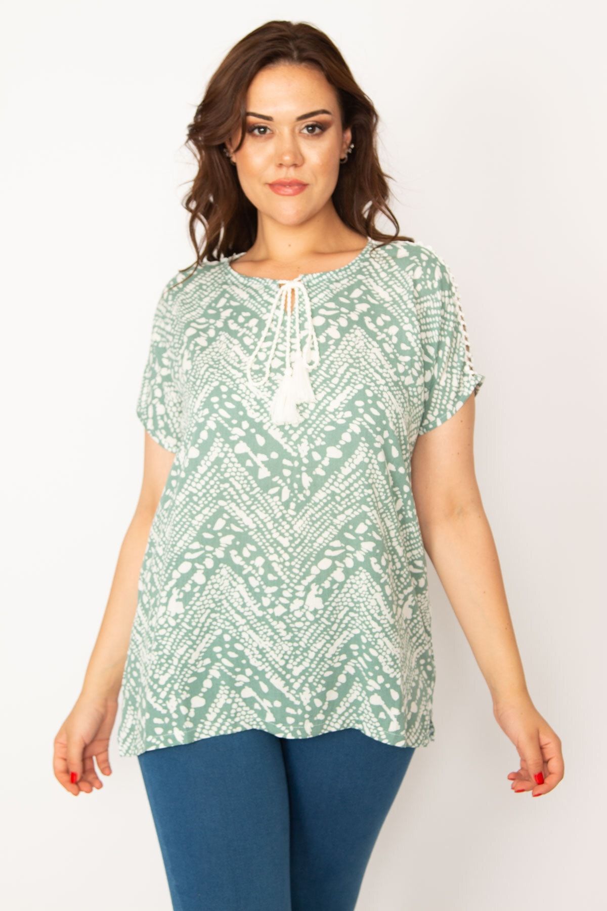 Şans-Women's Large Size Green Shoulder Lace Woven Fabric Collar Lace Blouse 65n33536 4