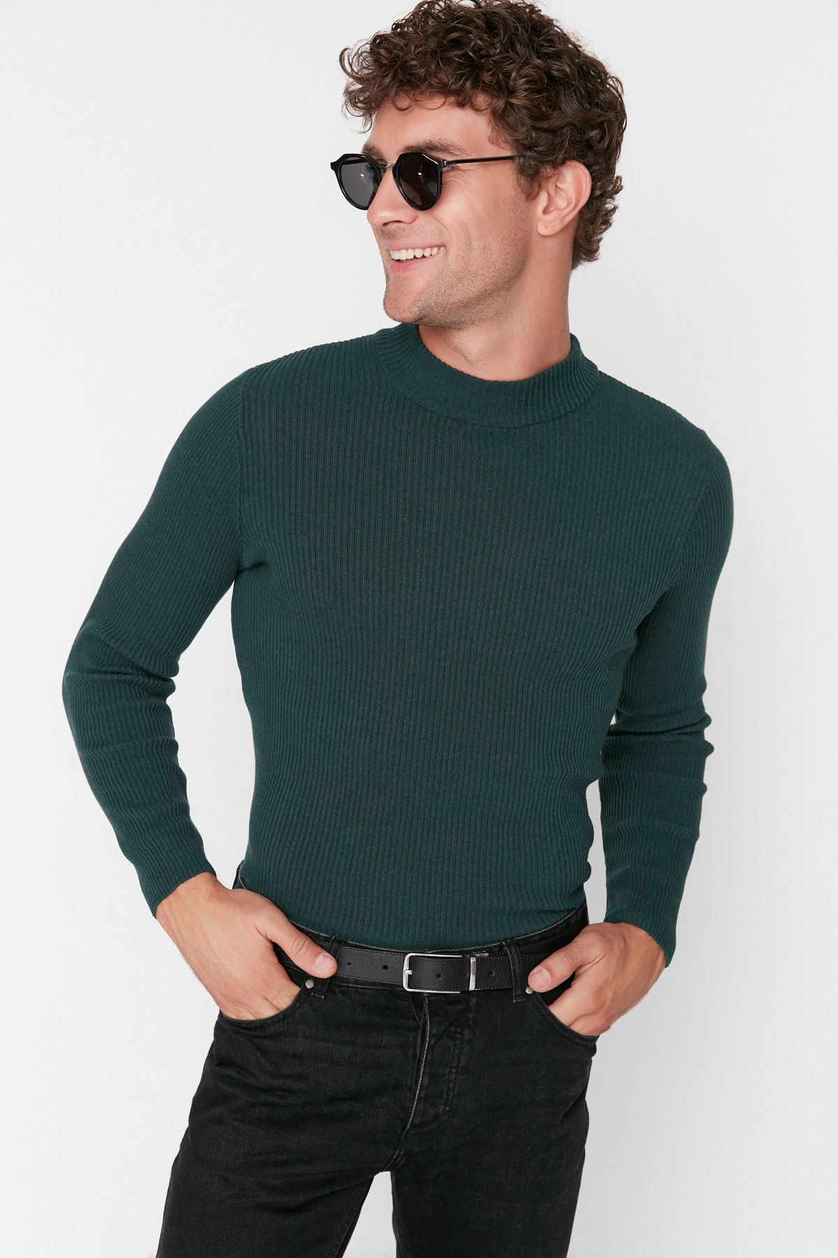 Trendyol Collection Szmaragdowo Zielony Prążkowany Sweter Z Dzianiny - Bawełna, Półgolf, Tmnaw21kz0568 Mężczyzna - M