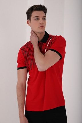 Kırmızı Erkek Kesik Çubuk Baskılı Standart Kalıp Polo Yaka T-shirt - 87963 T10ER-87963