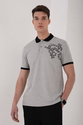 Gri Melanj Erkek Petek Desen Baskılı Standart Kalıp Polo Yaka T-shirt - 87928 T10ER-87928