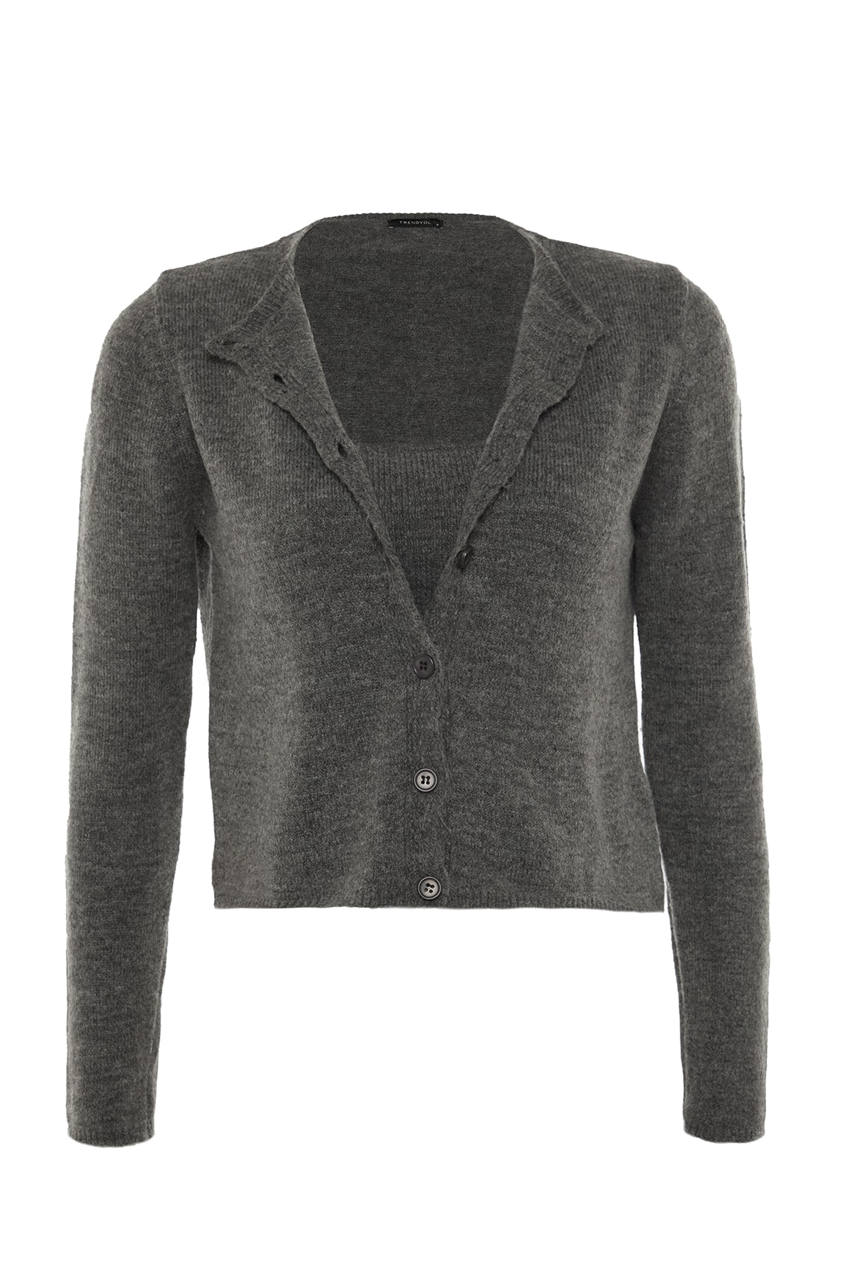 Trendyolmilla  Antrasit Crop Yumuşak Dokulu 2'li Bluz-Hırka Triko Takım TWOAW21HI0107 - Görsel 6