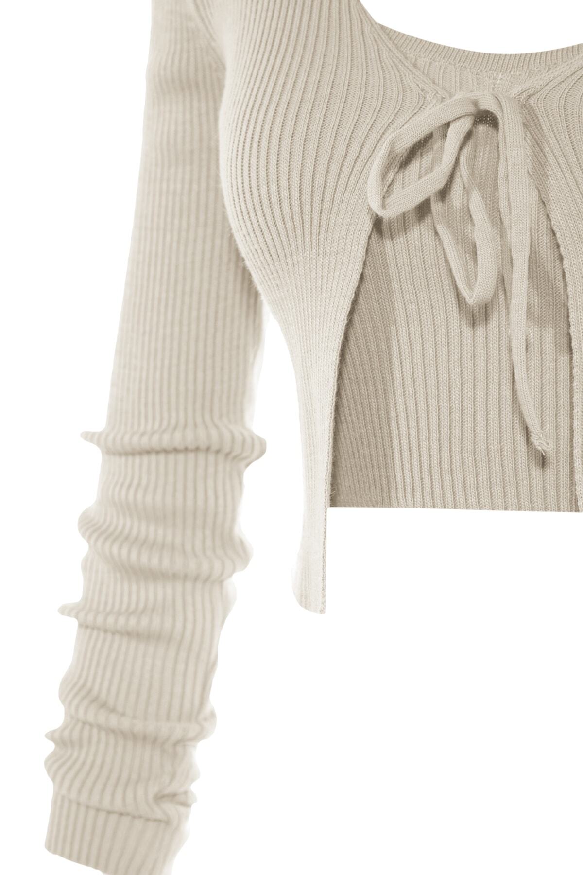 Trendyolmilla  Taş Crop Bağlama Detaylı Bluz-Hırka Triko Takım Triko Hırka TWOSS21HI0002 - Görsel 8