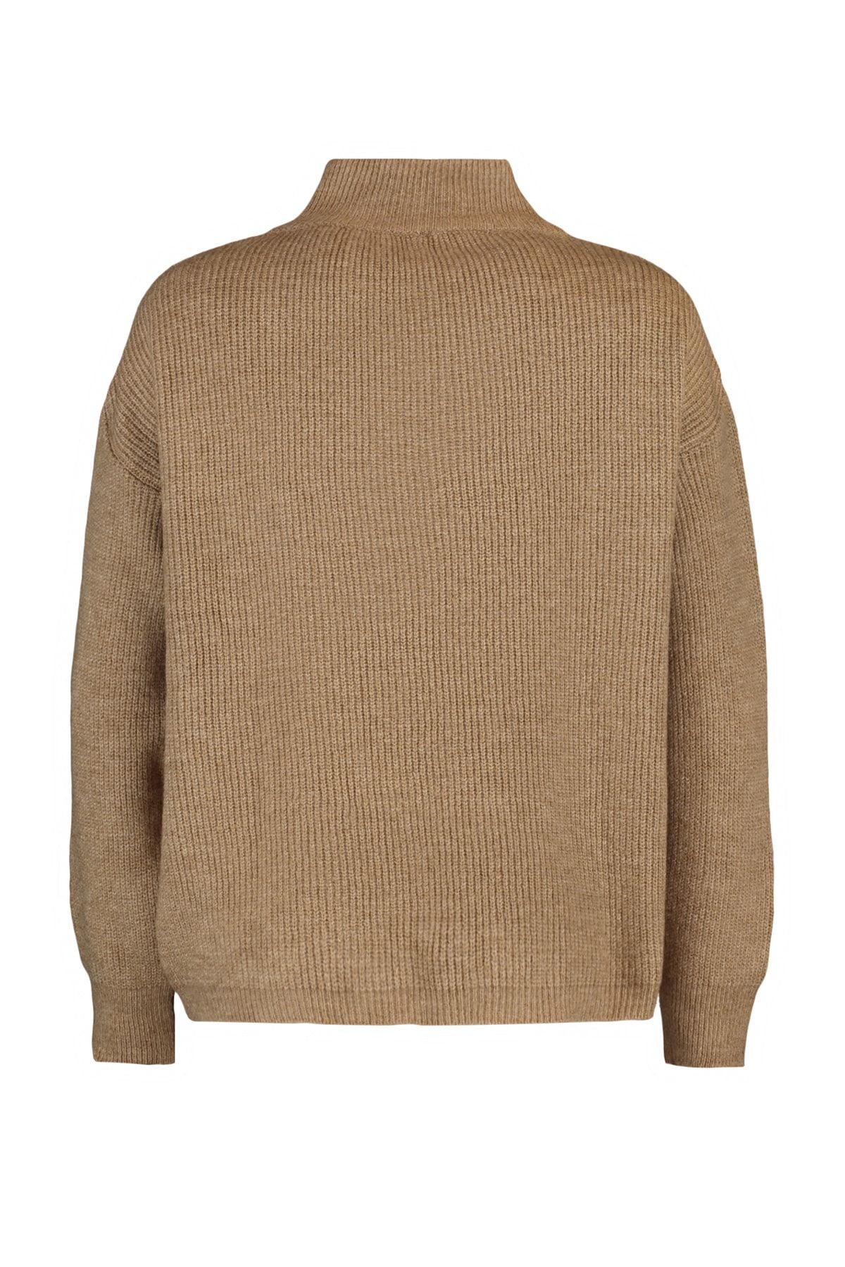 Trendyol Collection-Мек текстуриран трикотажен пуловер с цип и двойка Camel - Twoaw20Xs0009 7