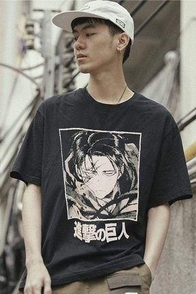 Siyah Renk Attack On Titan Levi Ackerman Sırt Baskı Detaylı Unisex Anime T-shirt 4654654