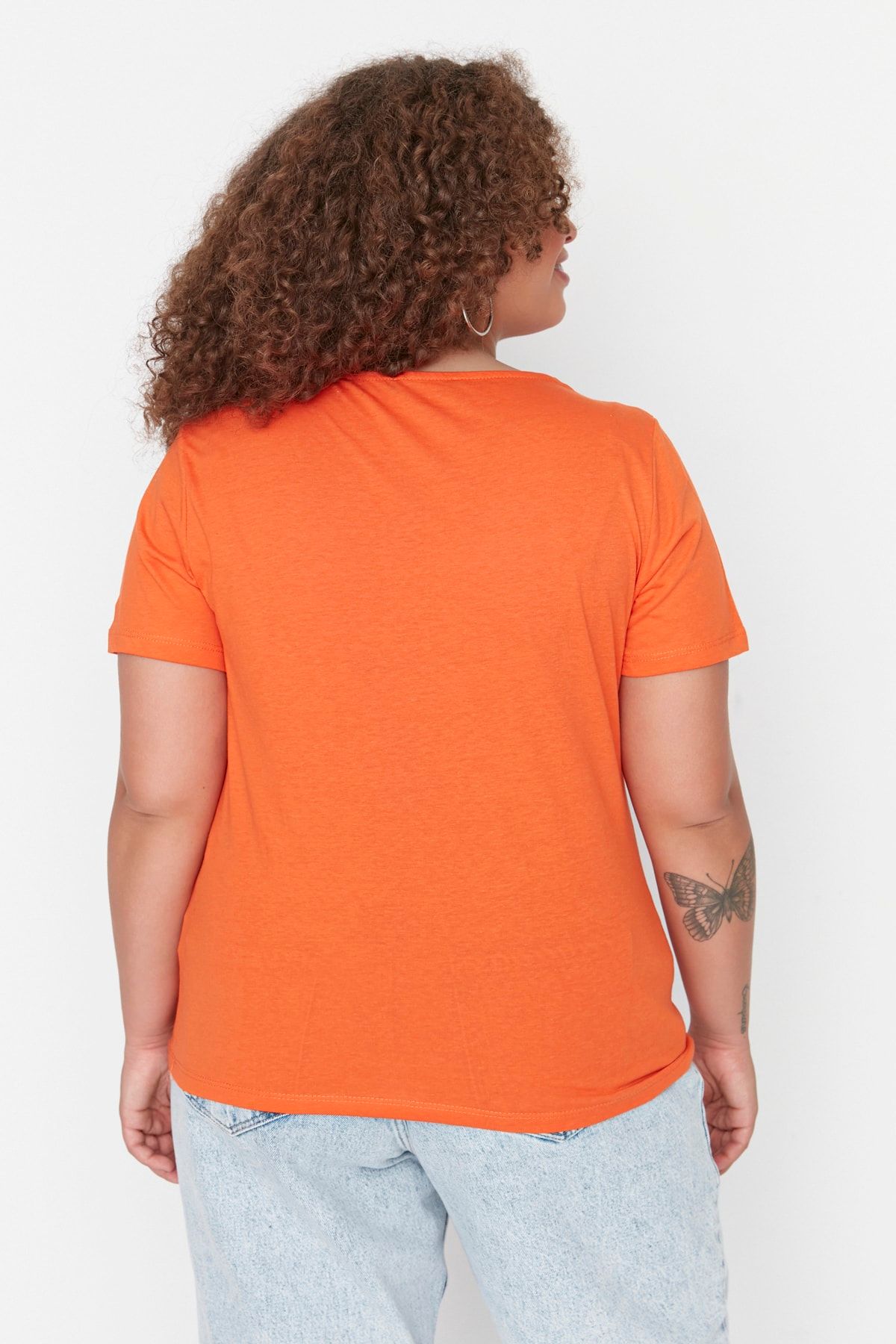 Trendyol Curve-100% Cotton Orange Knitted T-Shirt - Window Detailed TBBSS22BF00001 5