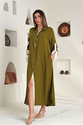 Kadın Haki Sırtı Yıldız Baskılı Püsküllü Cepli Oversize Uzun Gömlek Elbise EUWYZN6022