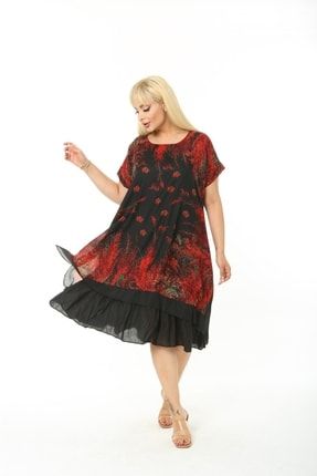 Kadın Siyah Kırmızı Çiçekli Büyük Beden Tülbent Elbise EYM0027