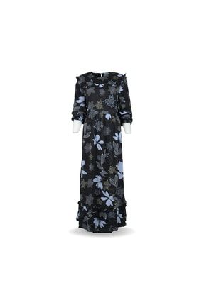 Çiçekli Saten Kesme Şifon Elbise Siyah Mavi EL-001.001.555-V