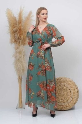 Kadın Yeşil Kuşaklı Şifon Kumaş Kruveze Yaka Şık Tasarımlı Uzun Elbise NKT-APPLE-011