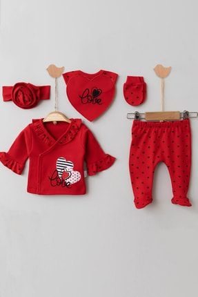 Kız Bebek Kalpli Love Desenli Bandanalı Fırfırlı 5li Hastane Çıkışı Zıbın Set t-2035mc