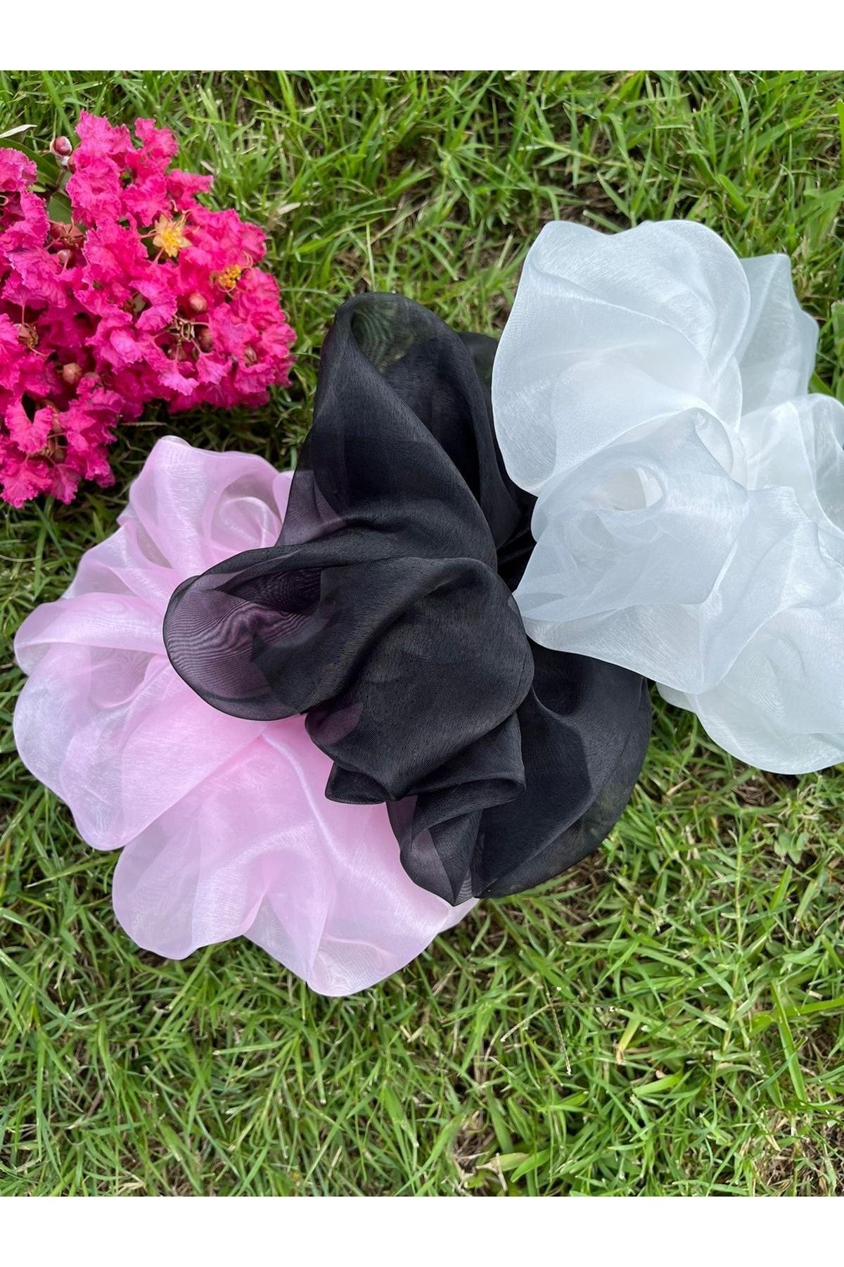 RED FOX KB-1.Quality Black Organza Large Size Scrunchie Fabric Bagel Buckle 3