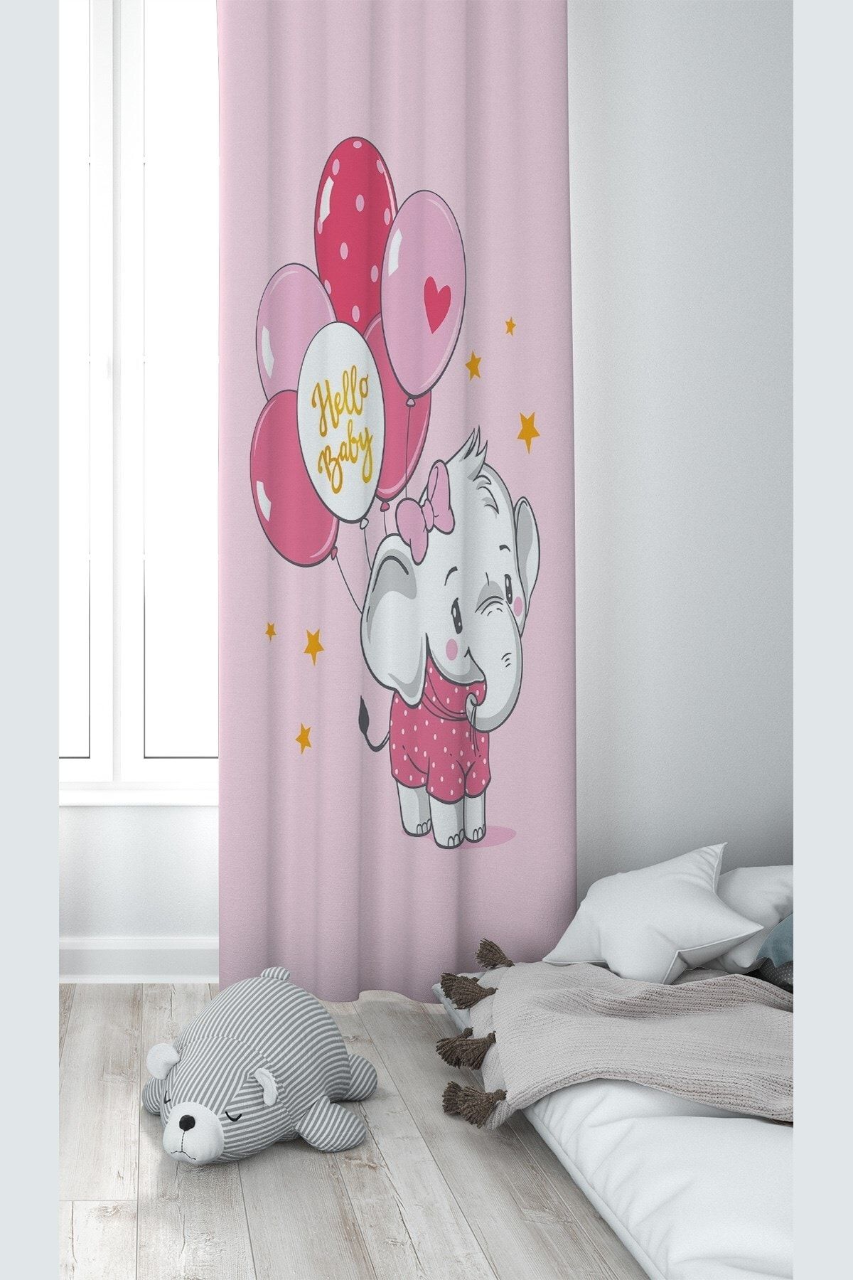linazaitun Elefant Ținând Balon Roz Cu Model Imprimare Digitală Lavabilă Perdeau De Fundal Pentru Cameră Pentru Copii - 70 x 200