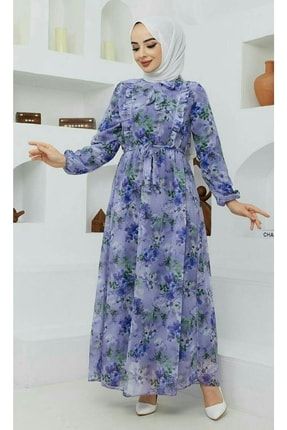 Kemerli Fırfırlı Şifon Elbise 1555
