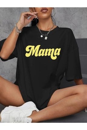 Siyah Mama Baskılı Örme Kadın T-shirt SRN-MAMA