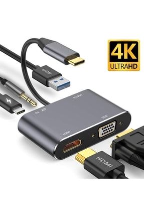 Macbook Uyumlu Type-C To USB 3.0 1080P Hd 4K HDMI VGA Pd Aux Ses Girişli Çevirici Hub Adaptör Hc-11H